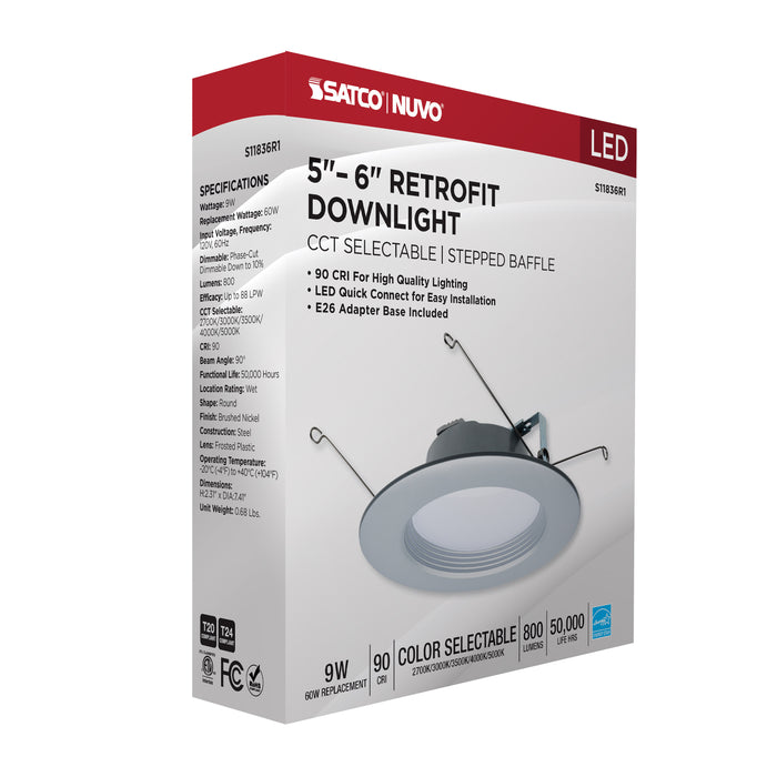 SATCO/NUVO 9W LED Downlight Retrofit 5-6 Inch CCT Selectable 120V Brushed Nickel Finish (S11836R1)