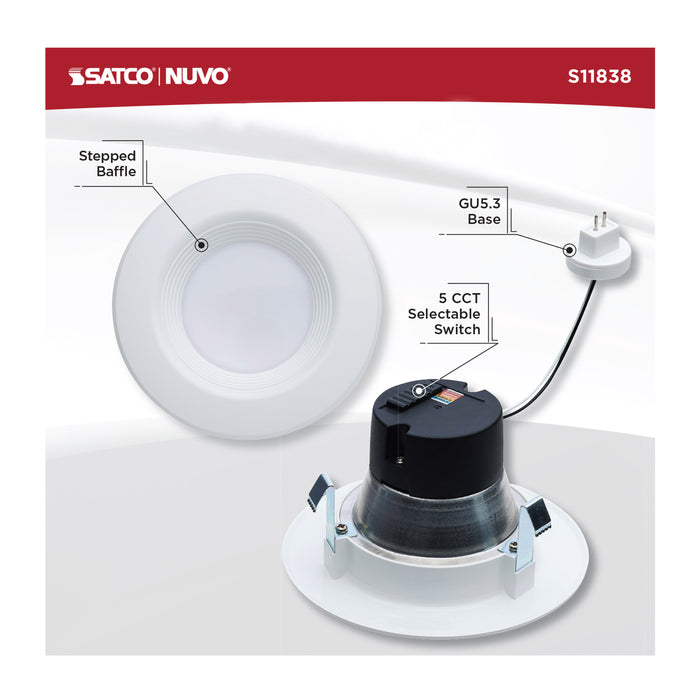 SATCO/NUVO 6.5W LED Downlight Retrofit 4 Inch Baffle CCT Selectable 2700K/3000K/3500K/4000K/5000K 12V Matte White Finish (S11838)