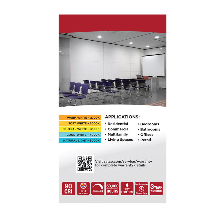 SATCO/NUVO 6.5W LED Downlight Retrofit 4 Inch Baffle CCT Selectable 2700K/3000K/3500K/4000K/5000K 12V Matte White Finish (S11838)