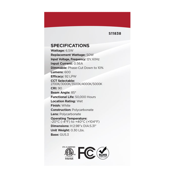 SATCO/NUVO 6.5W LED Downlight Retrofit 4 Inch Baffle CCT Selectable 2700K/3000K/3500K/4000K/5000K 12V Matte White Finish (S11838)