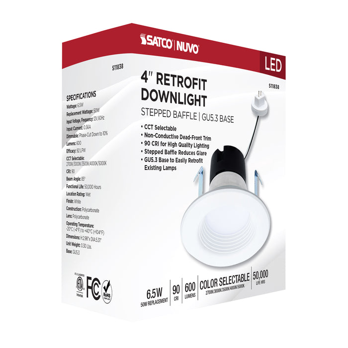 SATCO/NUVO 6.5W LED Downlight Retrofit 4 Inch Baffle CCT Selectable 2700K/3000K/3500K/4000K/5000K 12V Matte White Finish (S11838)