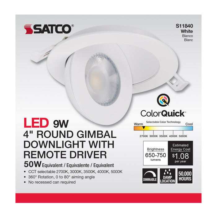 SATCO/NUVO 9W CCT Selectable LED Direct Wire Downlight Gimbaled 4 Inch Round Remote Driver White (S11840)