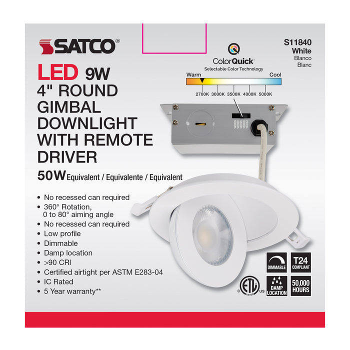 SATCO/NUVO 9W CCT Selectable LED Direct Wire Downlight Gimbaled 4 Inch Round Remote Driver White (S11840)