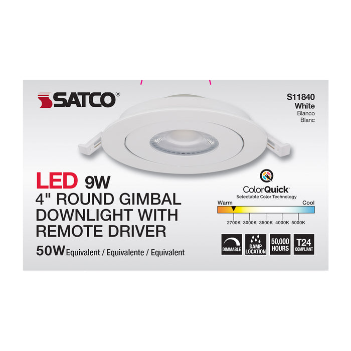 SATCO/NUVO 9W CCT Selectable LED Direct Wire Downlight Gimbaled 4 Inch Round Remote Driver White (S11840)
