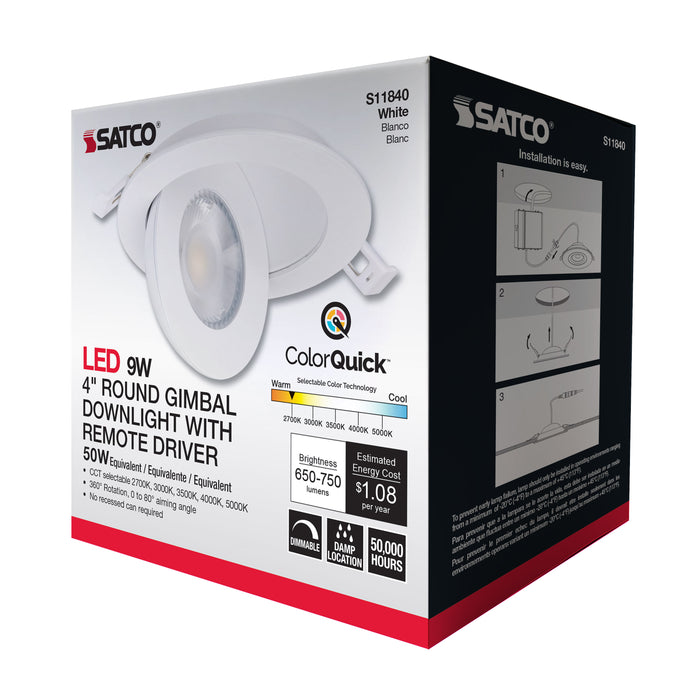 SATCO/NUVO 9W CCT Selectable LED Direct Wire Downlight Gimbaled 4 Inch Round Remote Driver White (S11840)