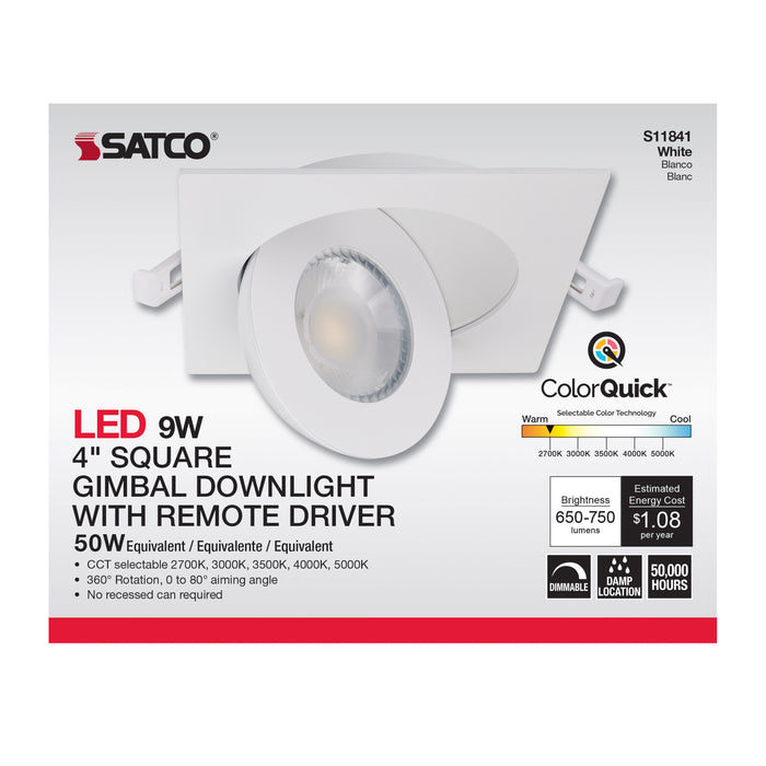 SATCO/NUVO 9W CCT Selectable LED Direct Wire Downlight Gimbaled 4 Inch Square Remote Driver White (S11841)