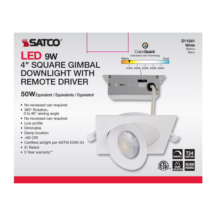 SATCO/NUVO 9W CCT Selectable LED Direct Wire Downlight Gimbaled 4 Inch Square Remote Driver White (S11841)