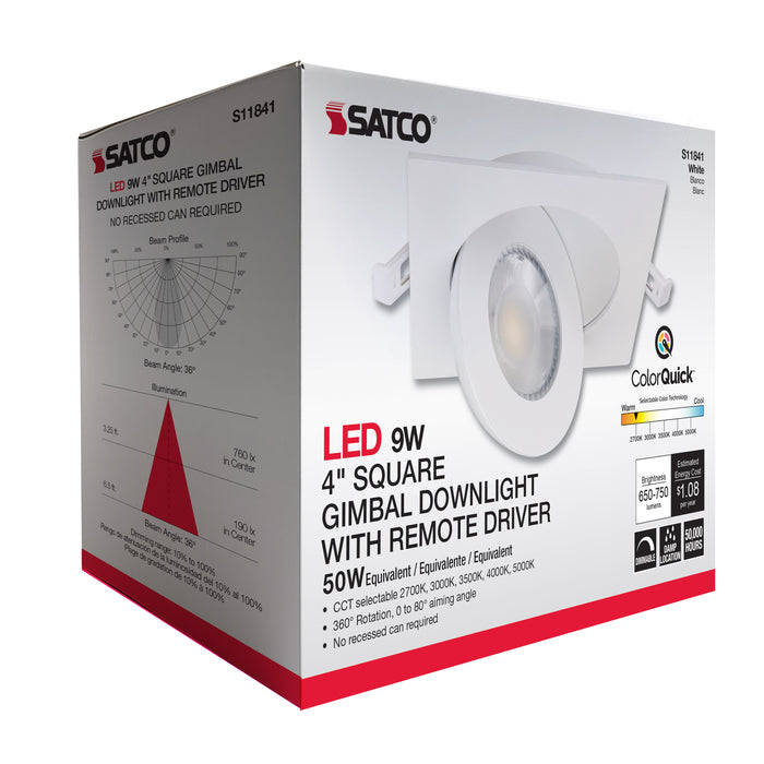 SATCO/NUVO 9W CCT Selectable LED Direct Wire Downlight Gimbaled 4 Inch Square Remote Driver White (S11841)