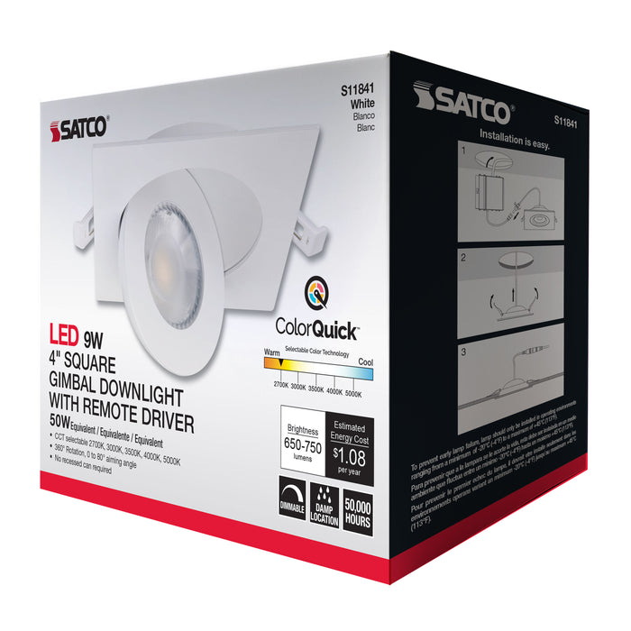 SATCO/NUVO 9W CCT Selectable LED Direct Wire Downlight Gimbaled 4 Inch Square Remote Driver White (S11841)