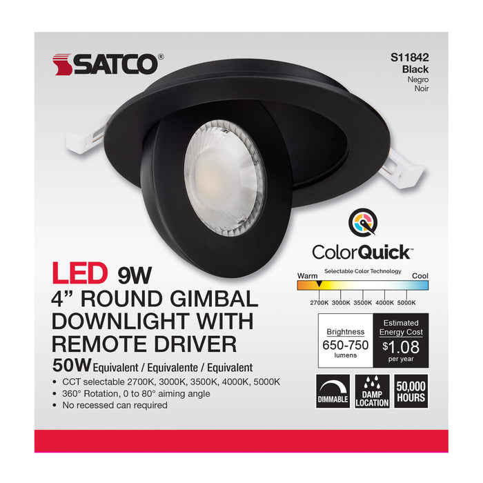 SATCO/NUVO 9W CCT Selectable LED Direct Wire Downlight Gimbaled 4 Inch Round Remote Driver Black (S11842)