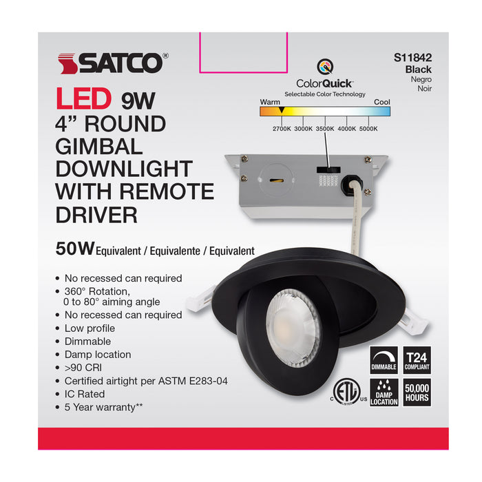 SATCO/NUVO 9W CCT Selectable LED Direct Wire Downlight Gimbaled 4 Inch Round Remote Driver Black (S11842)