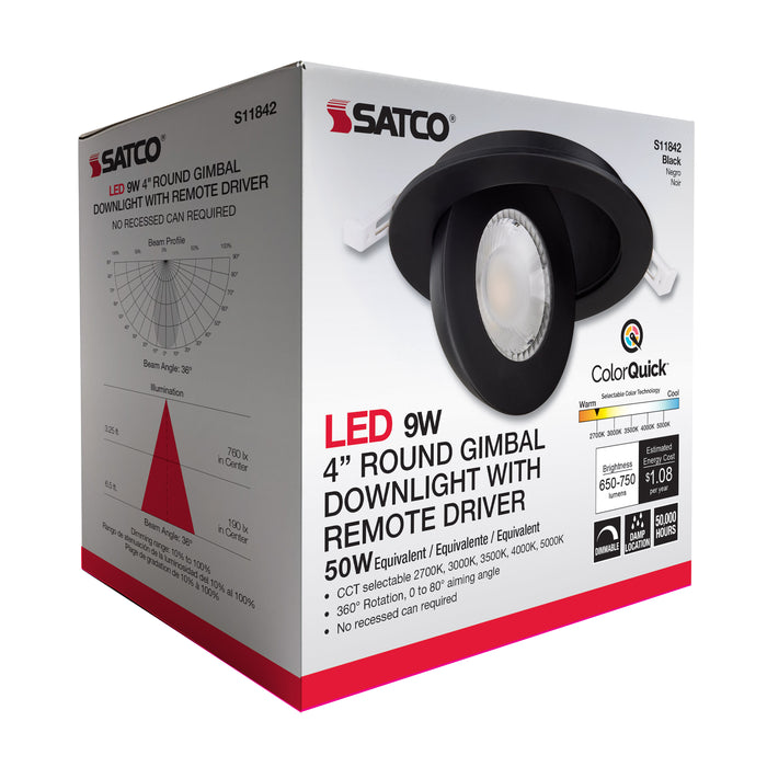 SATCO/NUVO 9W CCT Selectable LED Direct Wire Downlight Gimbaled 4 Inch Round Remote Driver Black (S11842)
