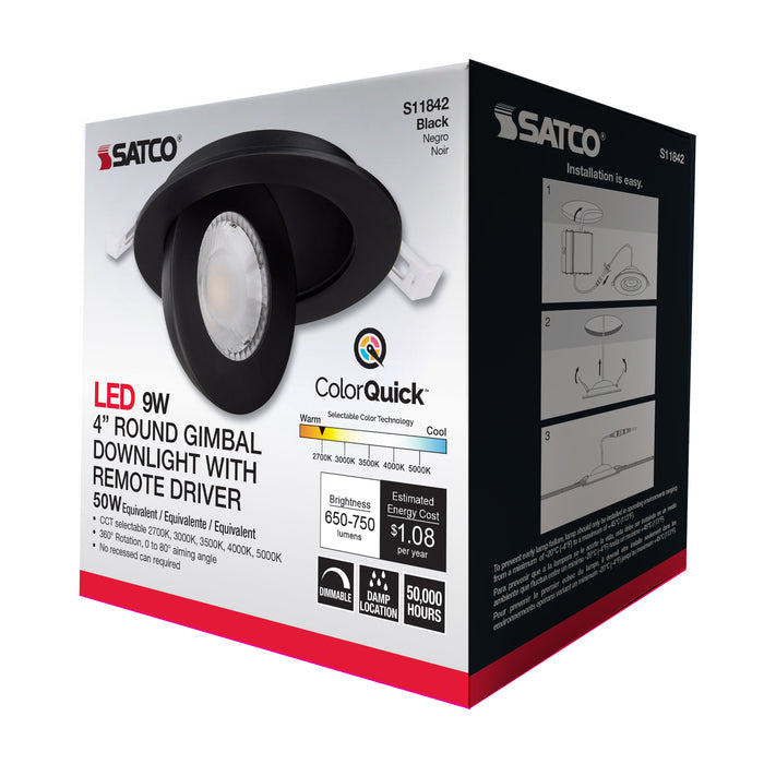SATCO/NUVO 9W CCT Selectable LED Direct Wire Downlight Gimbaled 4 Inch Round Remote Driver Black (S11842)