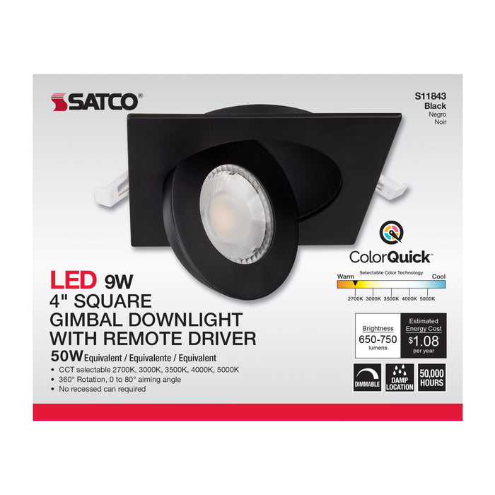 SATCO/NUVO 9W CCT Selectable LED Direct Wire Downlight Gimbaled 4 Inch Square Remote Driver Black (S11843)