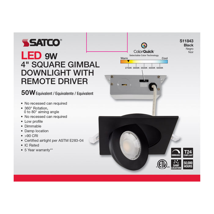 SATCO/NUVO 9W CCT Selectable LED Direct Wire Downlight Gimbaled 4 Inch Square Remote Driver Black (S11843)