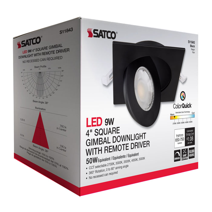 SATCO/NUVO 9W CCT Selectable LED Direct Wire Downlight Gimbaled 4 Inch Square Remote Driver Black (S11843)