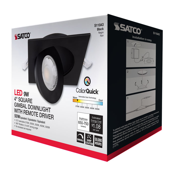 SATCO/NUVO 9W CCT Selectable LED Direct Wire Downlight Gimbaled 4 Inch Square Remote Driver Black (S11843)