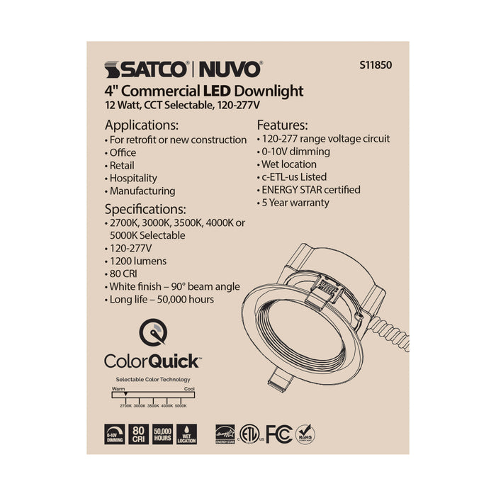 SATCO/NUVO 12W Commercial LED Downlight 4 Inch CCT Adjustable 2700K/3000K/3500K/4000K/5000K 1200Lm 120-277V (S11850)