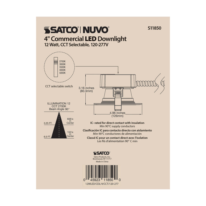SATCO/NUVO 12W Commercial LED Downlight 4 Inch CCT Adjustable 2700K/3000K/3500K/4000K/5000K 1200Lm 120-277V (S11850)