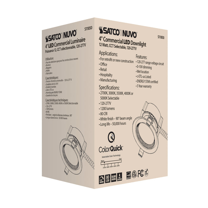 SATCO/NUVO 12W Commercial LED Downlight 4 Inch CCT Adjustable 2700K/3000K/3500K/4000K/5000K 1200Lm 120-277V (S11850)