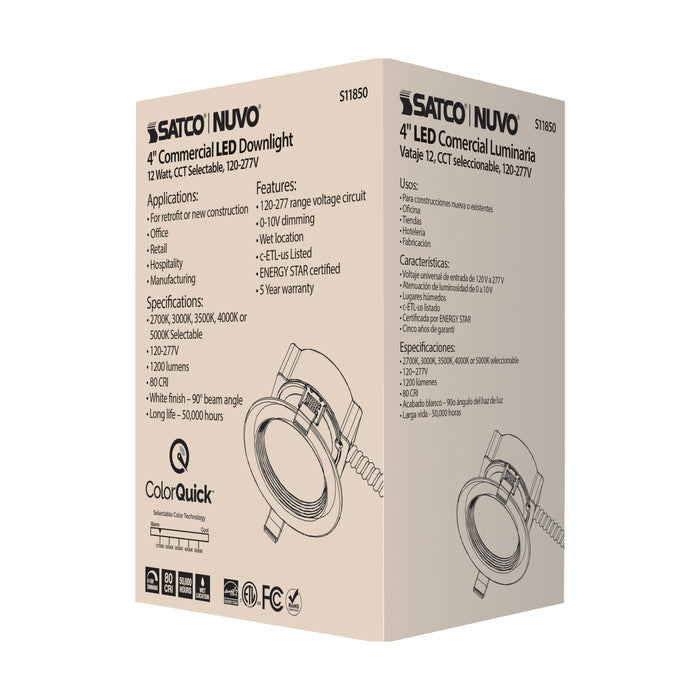 SATCO/NUVO 12W Commercial LED Downlight 4 Inch CCT Adjustable 2700K/3000K/3500K/4000K/5000K 1200Lm 120-277V (S11850)