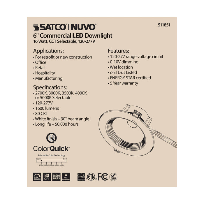 SATCO/NUVO 15W Commercial LED Downlight 6 Inch CCT Adjustable 2700K/3000K/3500K/4000K/5000K 1600Lm 120-277V (S11851)