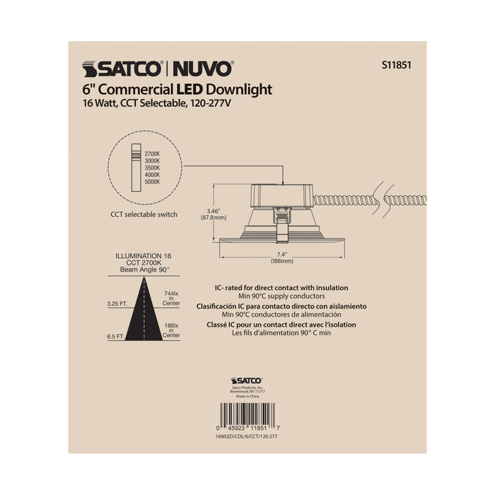 SATCO/NUVO 15W Commercial LED Downlight 6 Inch CCT Adjustable 2700K/3000K/3500K/4000K/5000K 1600Lm 120-277V (S11851)