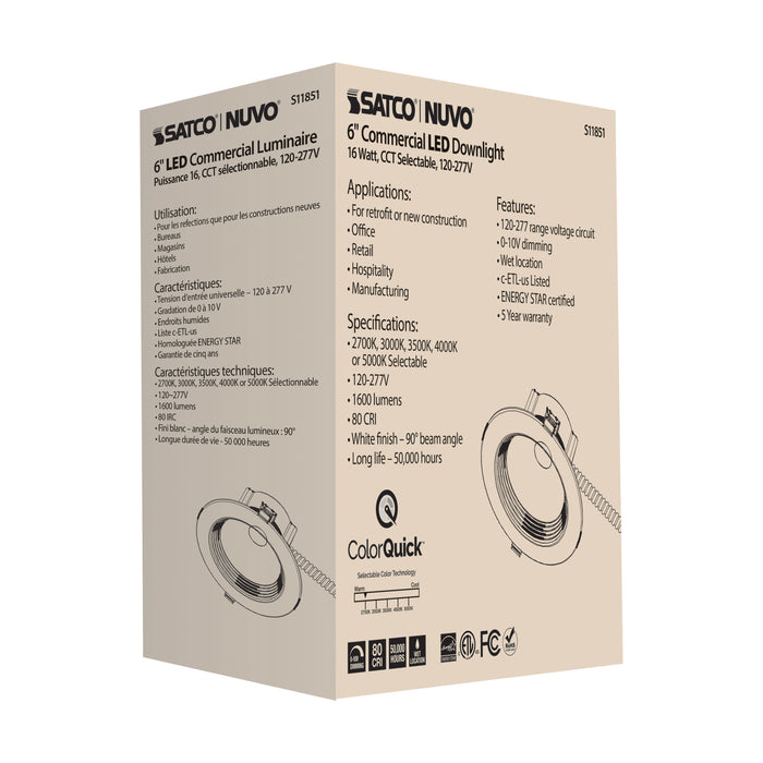 SATCO/NUVO 15W Commercial LED Downlight 6 Inch CCT Adjustable 2700K/3000K/3500K/4000K/5000K 1600Lm 120-277V (S11851)