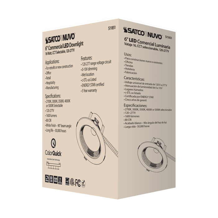 SATCO/NUVO 15W Commercial LED Downlight 6 Inch CCT Adjustable 2700K/3000K/3500K/4000K/5000K 1600Lm 120-277V (S11851)