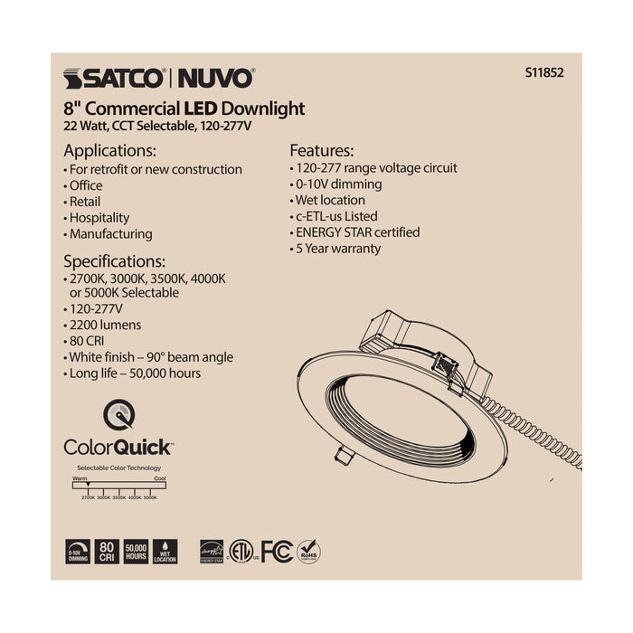 SATCO/NUVO 22W Commercial LED Downlight 8 Inch CCT Adjustable 2700K/3000K/3500K/4000K/5000K 2200Lm 120-277V (S11852)