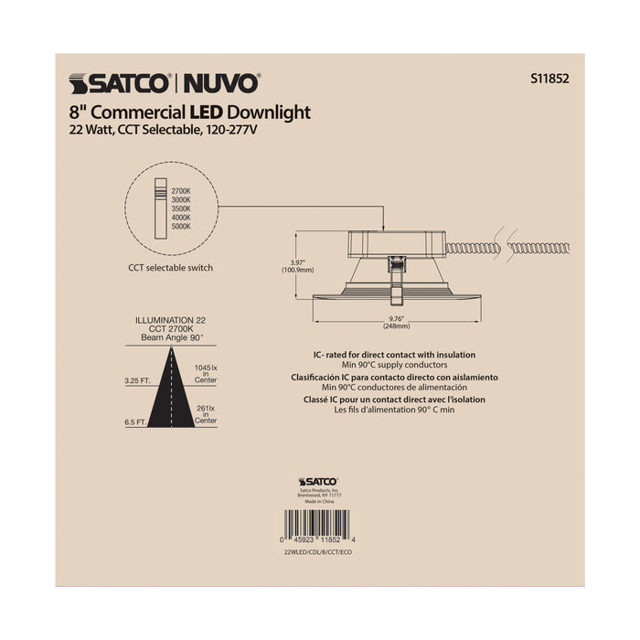 SATCO/NUVO 22W Commercial LED Downlight 8 Inch CCT Adjustable 2700K/3000K/3500K/4000K/5000K 2200Lm 120-277V (S11852)