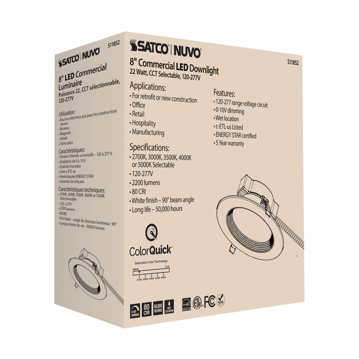 SATCO/NUVO 22W Commercial LED Downlight 8 Inch CCT Adjustable 2700K/3000K/3500K/4000K/5000K 2200Lm 120-277V (S11852)