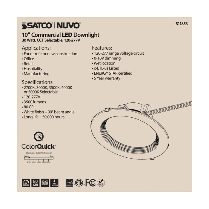 SATCO/NUVO 30W Commercial LED Downlight 10 Inch CCT Adjustable 2700K/3000K/3500K/4000K/5000K 3500Lm 120-277V (S11853)
