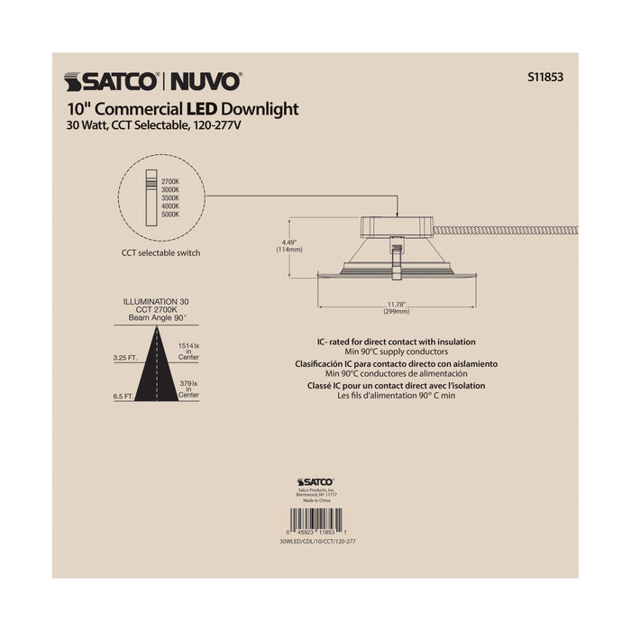 SATCO/NUVO 30W Commercial LED Downlight 10 Inch CCT Adjustable 2700K/3000K/3500K/4000K/5000K 3500Lm 120-277V (S11853)