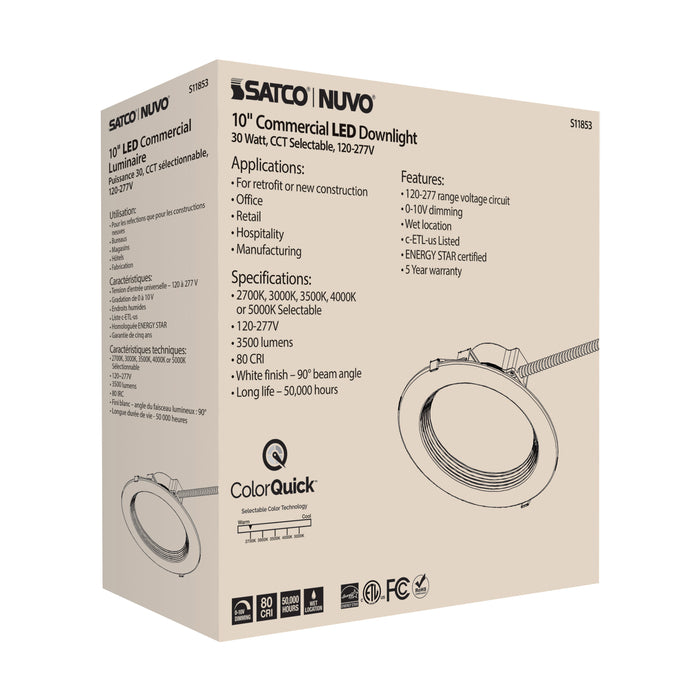 SATCO/NUVO 30W Commercial LED Downlight 10 Inch CCT Adjustable 2700K/3000K/3500K/4000K/5000K 3500Lm 120-277V (S11853)
