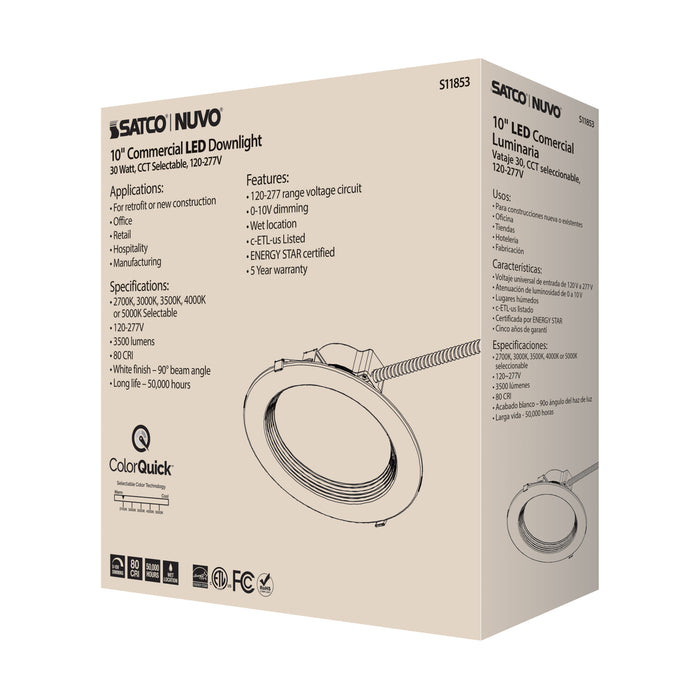 SATCO/NUVO 30W Commercial LED Downlight 10 Inch CCT Adjustable 2700K/3000K/3500K/4000K/5000K 3500Lm 120-277V (S11853)