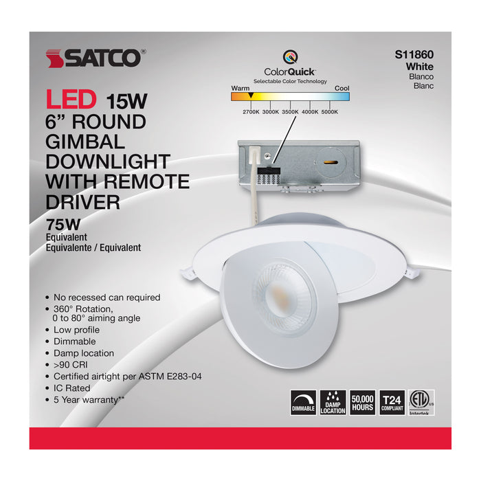 SATCO/NUVO 15W CCT Selectable LED Direct Wire Downlight Gimbaled 6 Inch Round Remote Driver White (S11860)