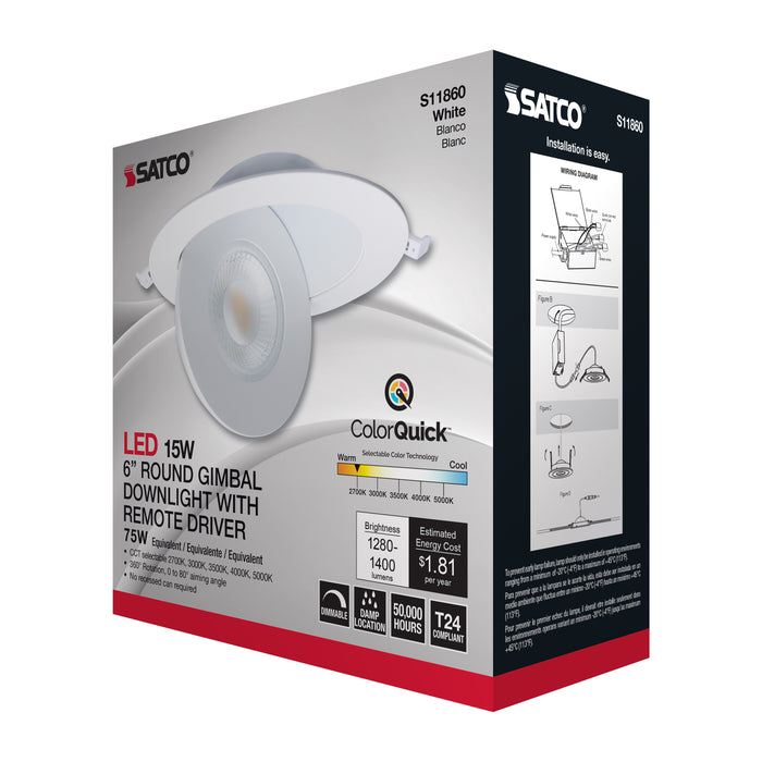 SATCO/NUVO 15W CCT Selectable LED Direct Wire Downlight Gimbaled 6 Inch Round Remote Driver White (S11860)