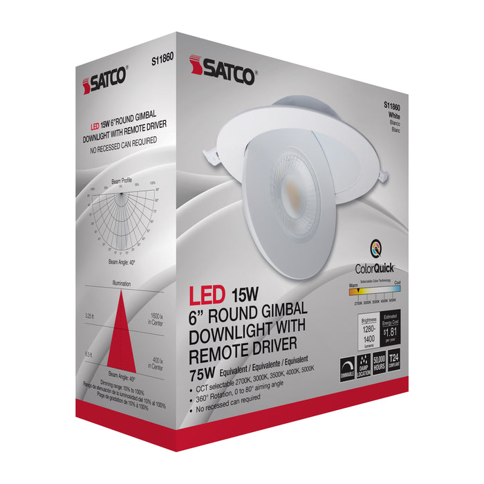 SATCO/NUVO 15W CCT Selectable LED Direct Wire Downlight Gimbaled 6 Inch Round Remote Driver White (S11860)