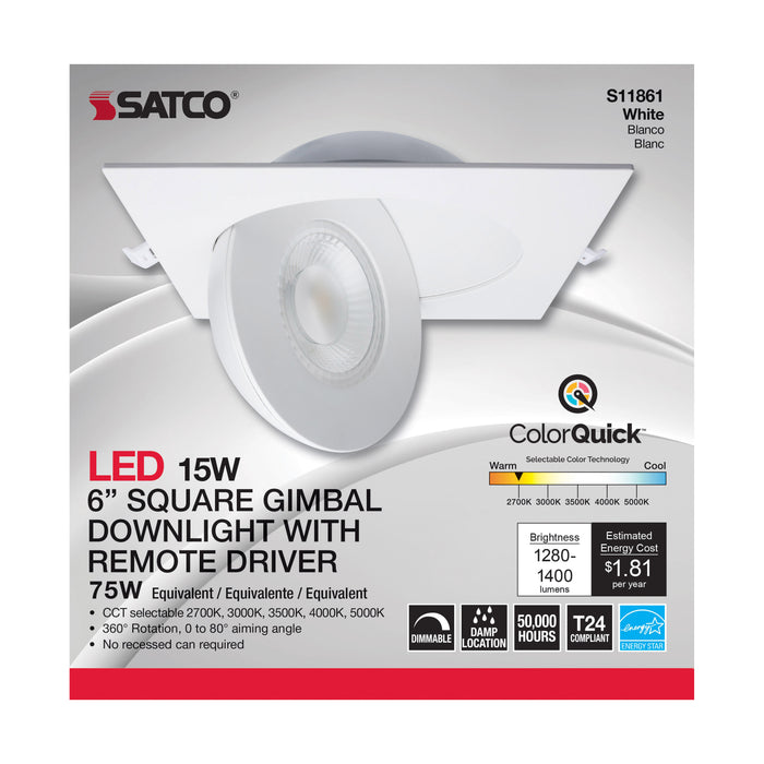 SATCO/NUVO 15W CCT Selectable LED Direct Wire Downlight Gimbaled 6 Inch Square Remote Driver White (S11861)