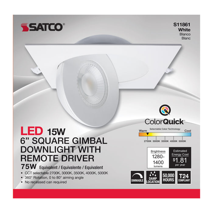 SATCO/NUVO 15W CCT Selectable LED Direct Wire Downlight Gimbaled 6 Inch Square Remote Driver White (S11861)