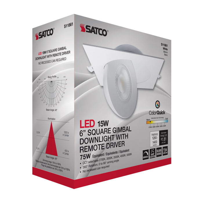 SATCO/NUVO 15W CCT Selectable LED Direct Wire Downlight Gimbaled 6 Inch Square Remote Driver White (S11861)