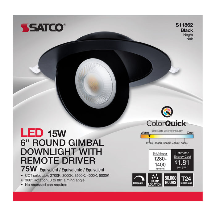 SATCO/NUVO 15W CCT Selectable LED Direct Wire Downlight Gimbaled 6 Inch Round Remote Driver Black (S11862)