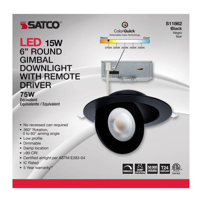 SATCO/NUVO 15W CCT Selectable LED Direct Wire Downlight Gimbaled 6 Inch Round Remote Driver Black (S11862)