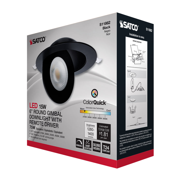 SATCO/NUVO 15W CCT Selectable LED Direct Wire Downlight Gimbaled 6 Inch Round Remote Driver Black (S11862)