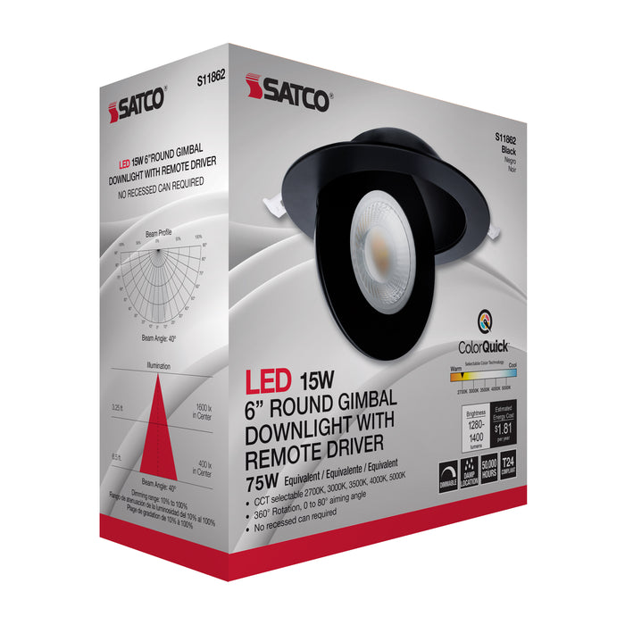 SATCO/NUVO 15W CCT Selectable LED Direct Wire Downlight Gimbaled 6 Inch Round Remote Driver Black (S11862)