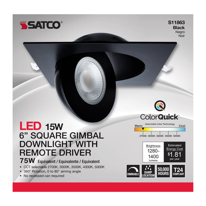 SATCO/NUVO 15W CCT Selectable LED Direct Wire Downlight Gimbaled 6 Inch Square Remote Driver Black (S11863)
