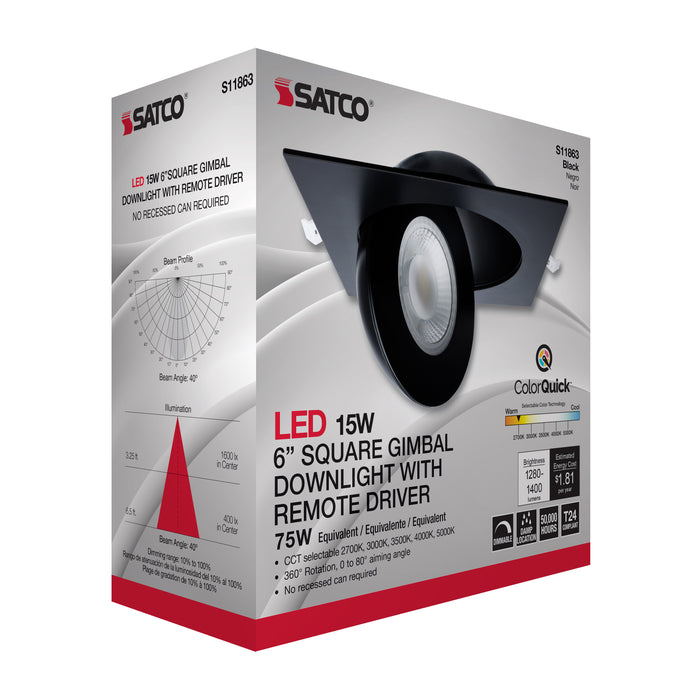 SATCO/NUVO 15W CCT Selectable LED Direct Wire Downlight Gimbaled 6 Inch Square Remote Driver Black (S11863)