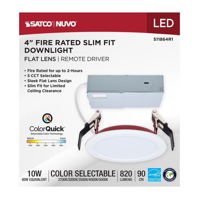 SATCO/NUVO 4 Inch Fire Rated Direct Wire Slim Fit Flat Face Downlight 10W 820Lm CCT Selectable 2700K/3000K/3500K/4000K/5000K 90 CRI Dimmable 120V White (S11864R1)