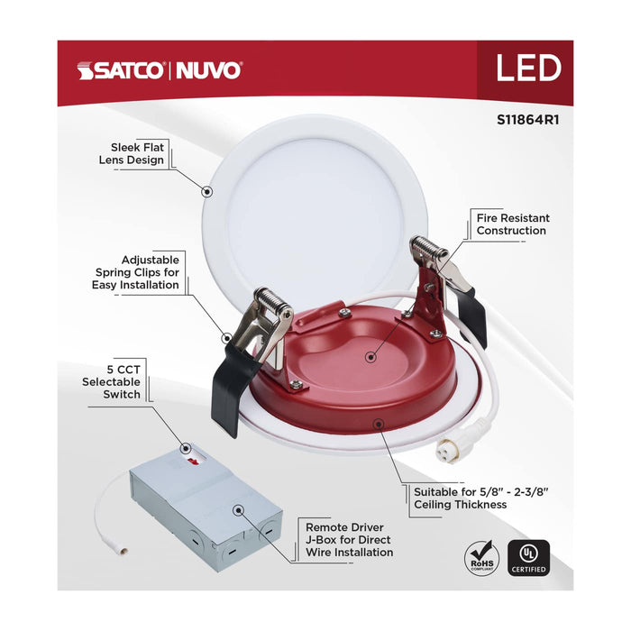 SATCO/NUVO 4 Inch Fire Rated Direct Wire Slim Fit Flat Face Downlight 10W 820Lm CCT Selectable 2700K/3000K/3500K/4000K/5000K 90 CRI Dimmable 120V White (S11864R1)